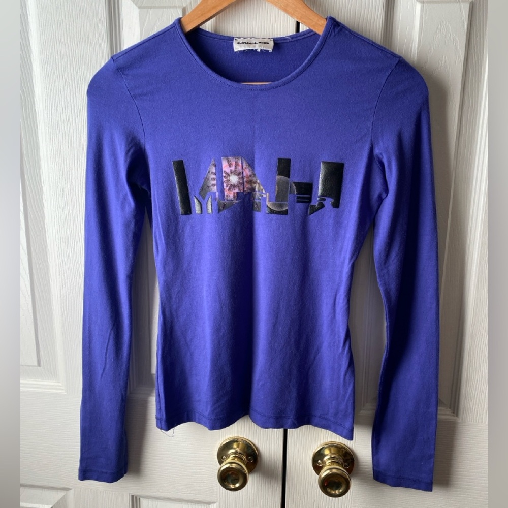 RARE! VINTAGE MUGLER Purple Abstract Graphic Logo Long Sleeve Fitted T-Shirt XS